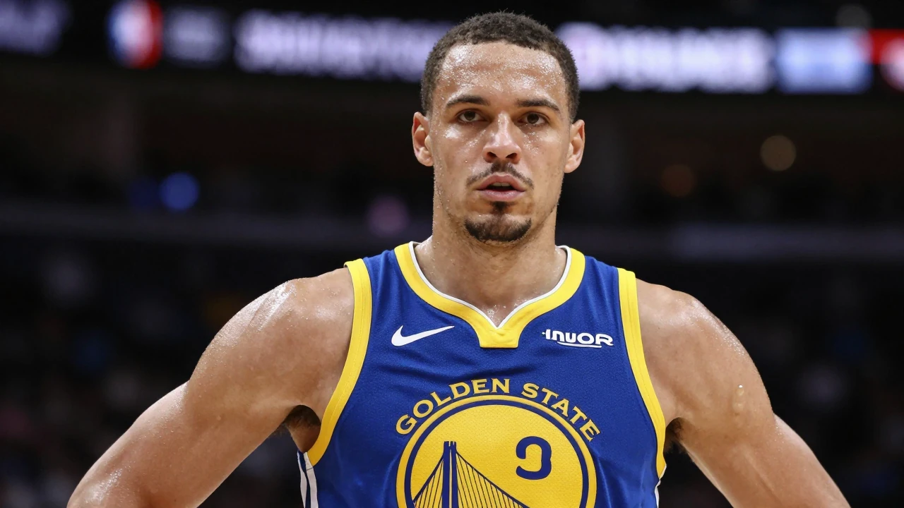 Mid-30s muscular guard, waist-up, intense gaze, wearing Golden State Warriors home jersey - royal blue with gold trim...