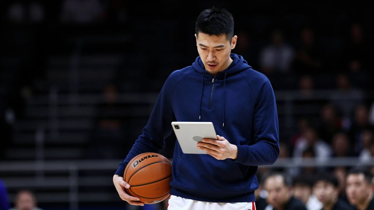 Mid-30s Bulls assistant coach, athletic build, waist-up, intense gaze, holding a basketball in one hand while reviewing a...