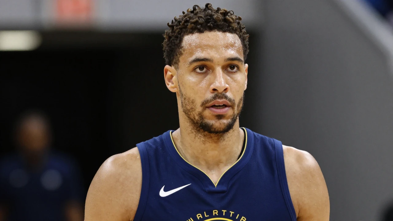 Mid-shot of a seasoned, mid-30s guard with muscular build, dark curls, intense eyes, wearing a plain navy-blue training...