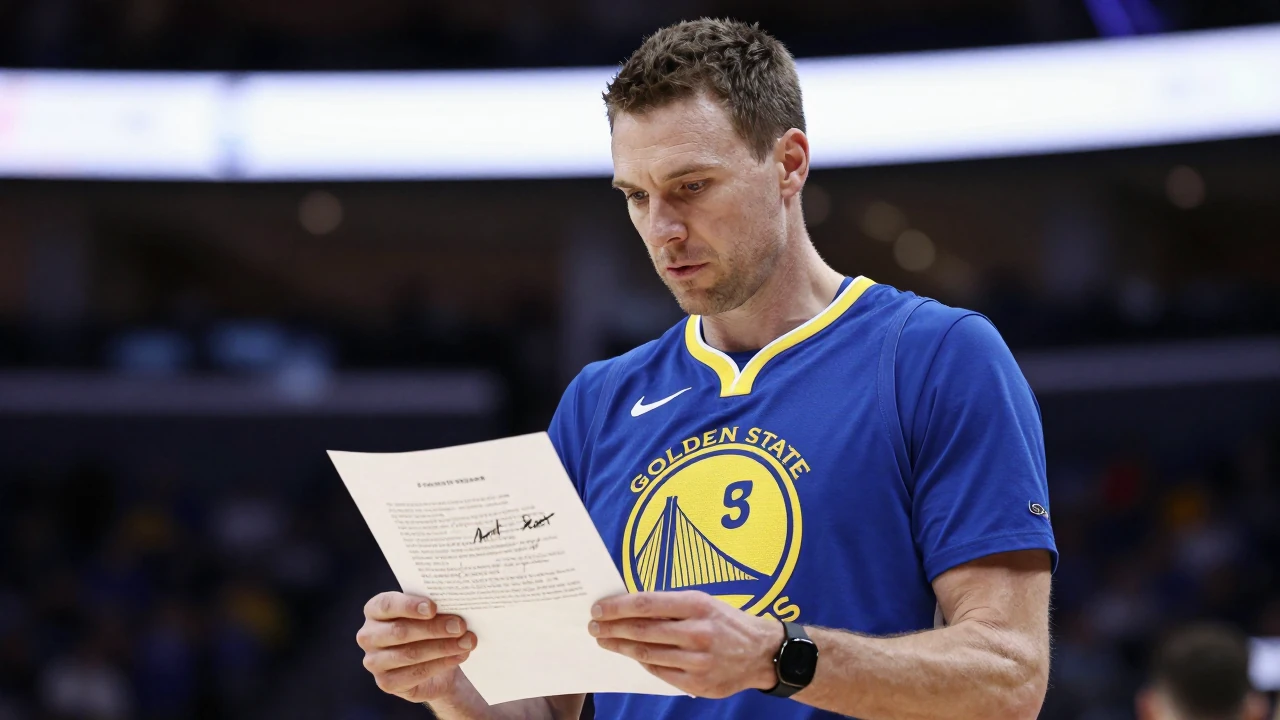 Mid-40s male Warriors assistant coach, athletic build, waist-up in a bright blue and gold home jersey with the Golden...