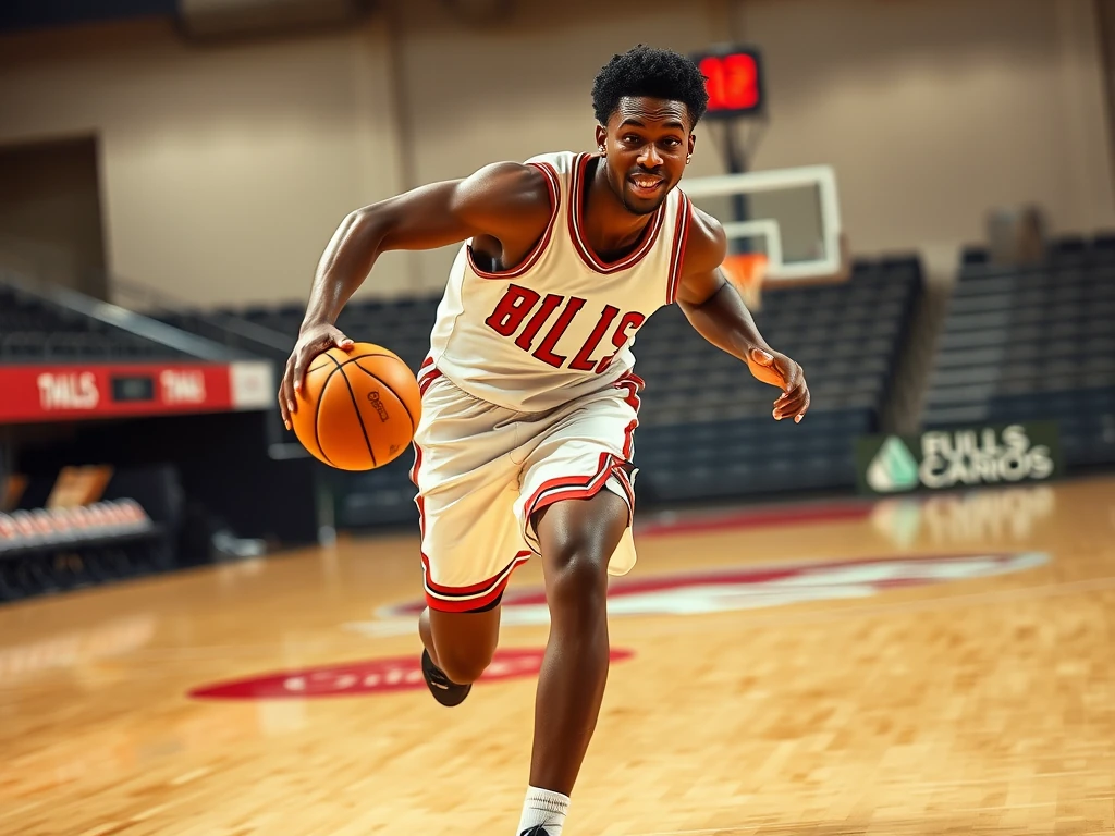 Anfernee Simons dribbling on a polished hardwood court, mid-air, wearing a plain white jersey with subtle red trim and no...