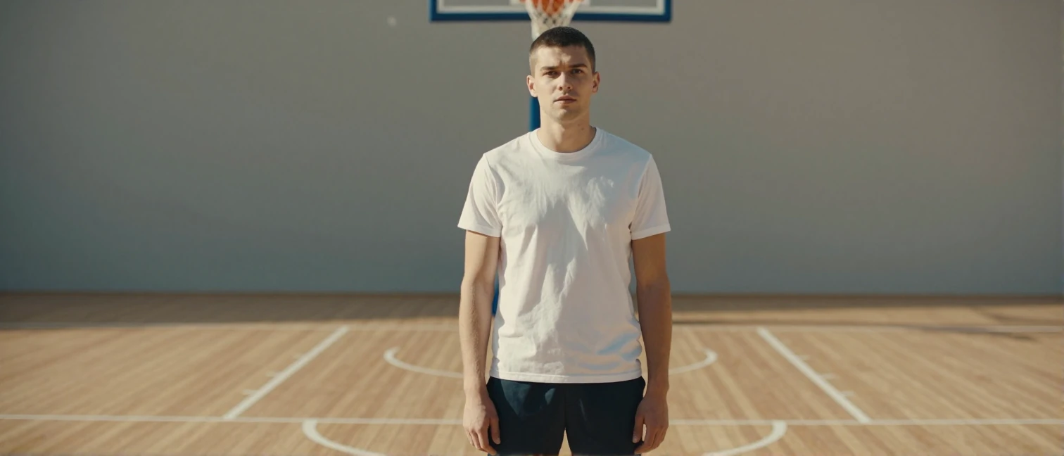Artūras Karnišovas, wearing a simple white shirt and dark trousers, stands on a sun-drenched, empty basketball court...