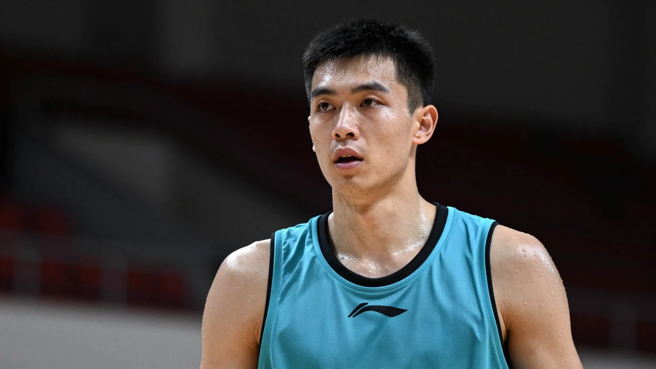Mid-30s athletic guard, lean build, intense eyes, head-and-shoulders shot, drenched in sweat, wearing plain teal and...