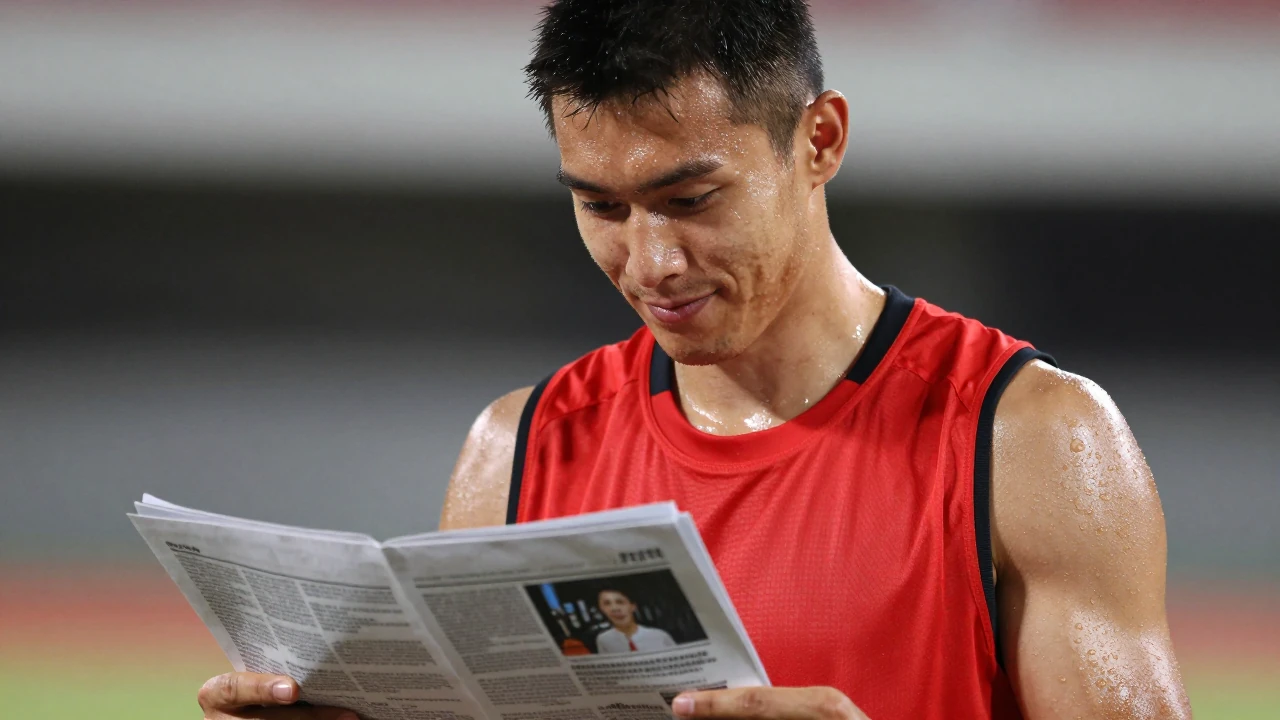 Mid-20s athletic forward, muscular build, head-and-shoulders shot, wearing a plain red sleeveless training top with black...
