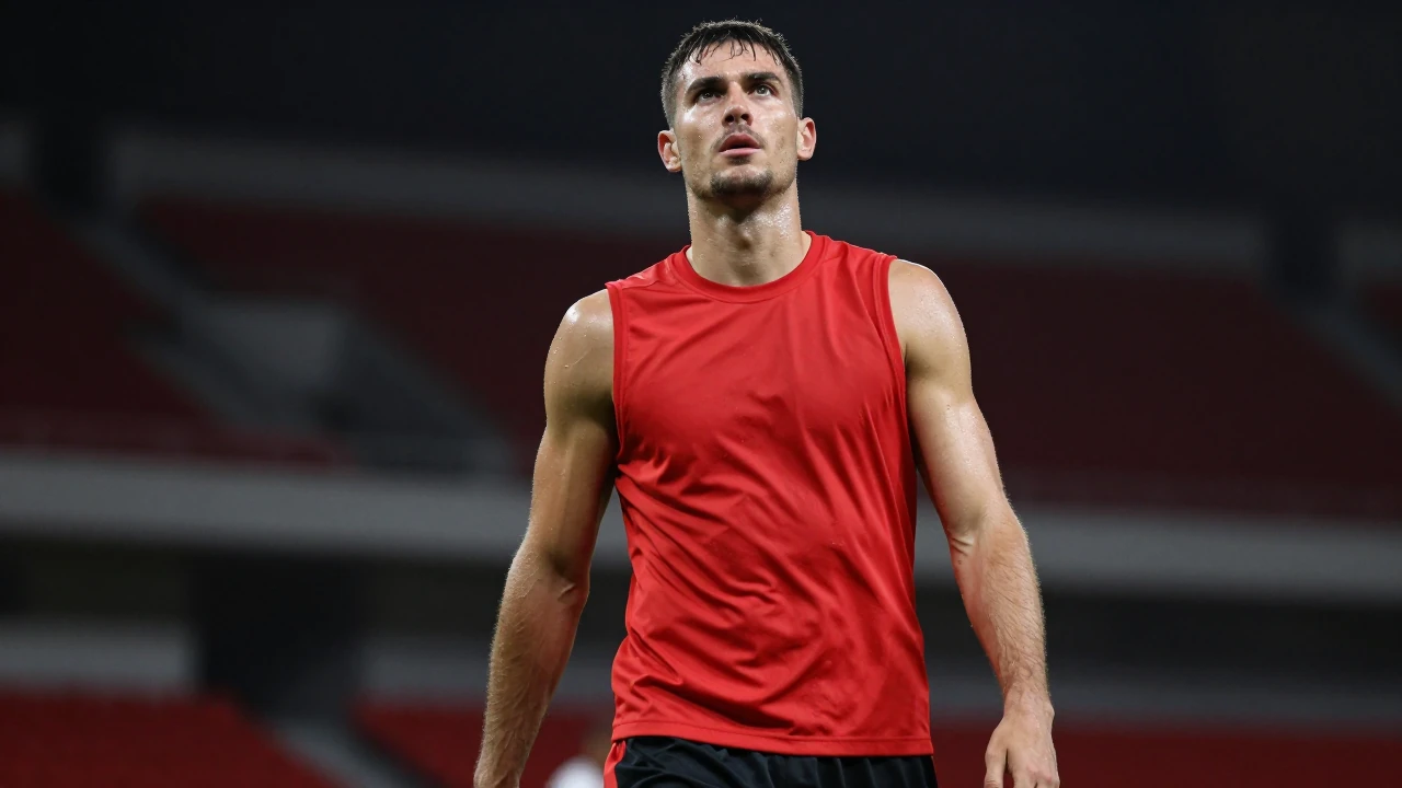 Mid-30s muscular forward, waist-up, intense gaze, sweat glistening on brow, wearing plain red sleeveless training top of...