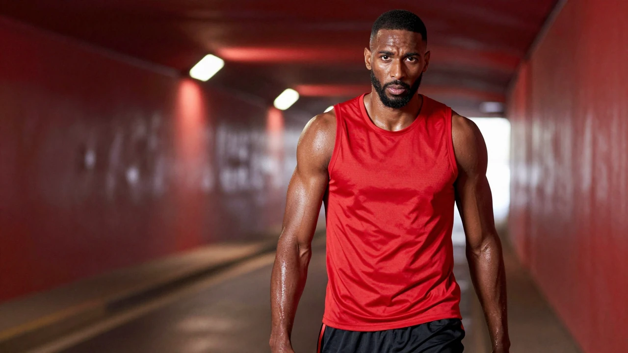 Mid-30s veteran guard, muscular build, intense gaze, wearing plain red sleeveless training top and black shorts, fabric...