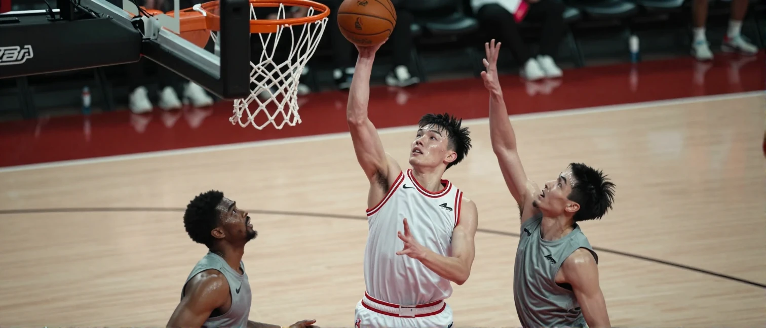 A dynamic summer-league basketball scene on a polished indoor court, featuring a young Chicago Bulls rookie in a plain...