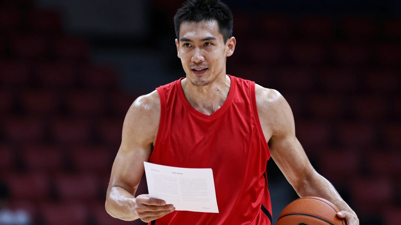 Mid-30s, muscular forward, dark hair pulled back, intense eyes, slight smile, wearing a plain red sleeveless training top...