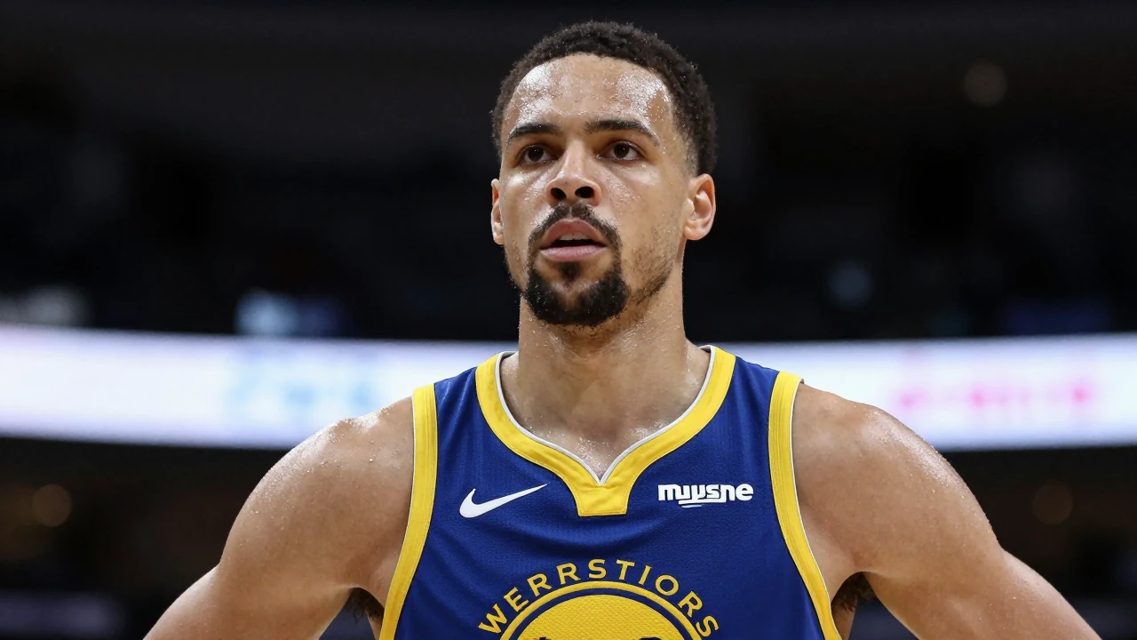 Mid-30s anonymous Warriors guard, muscular, intense eyes, waist-up, wearing royal-blue home jersey with gold trim and the...