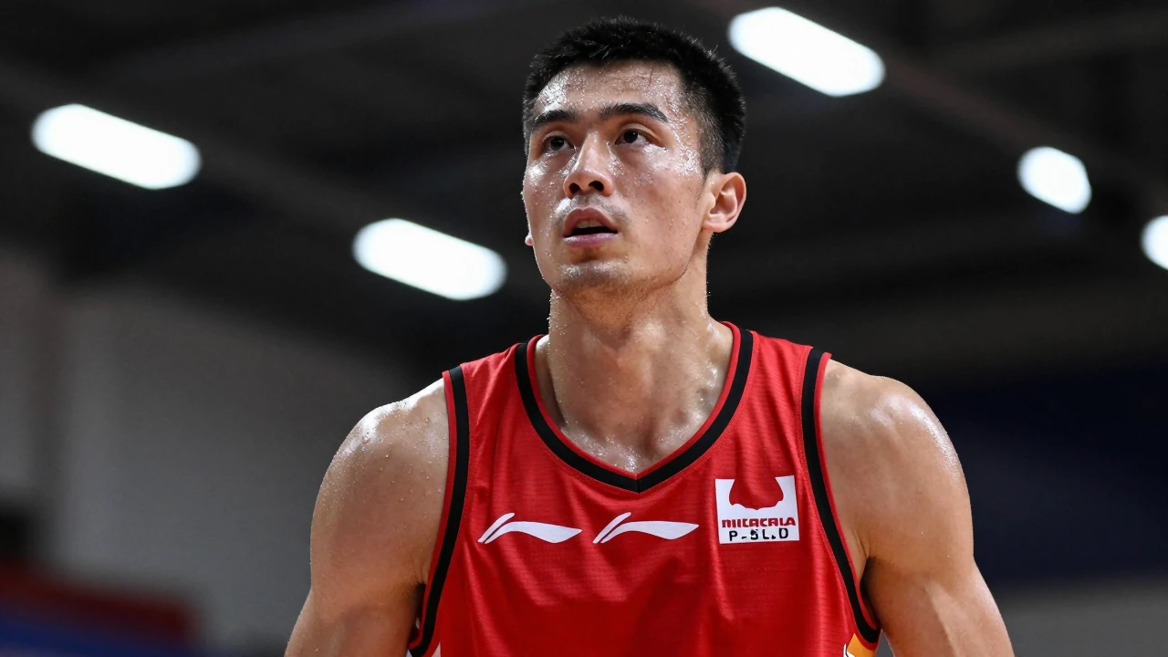Mid-30s muscular guard, intense focus, mid-shot three-pointer, head-and-shoulders framed, plain red sleeveless training...