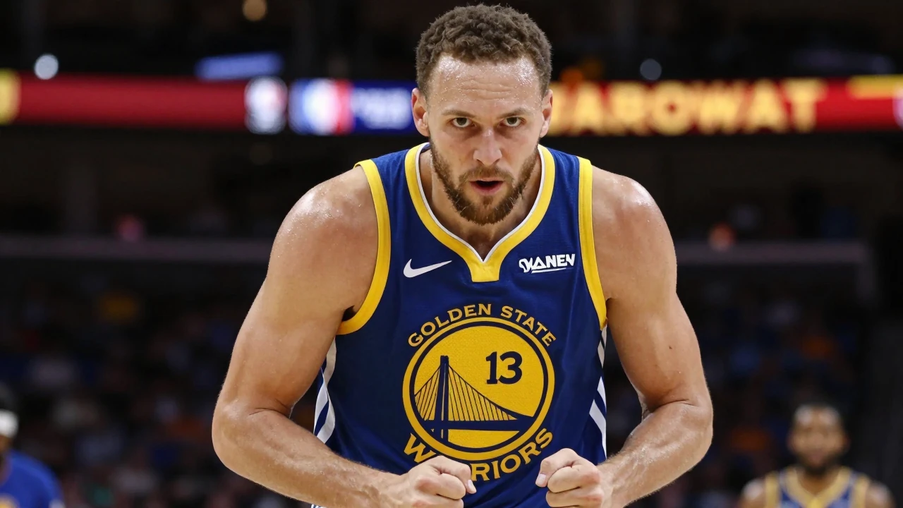 Mid-30s muscular Warriors forward, waist-up, intense eyes fixed on the camera, sweat glistening on his brow, wearing...
