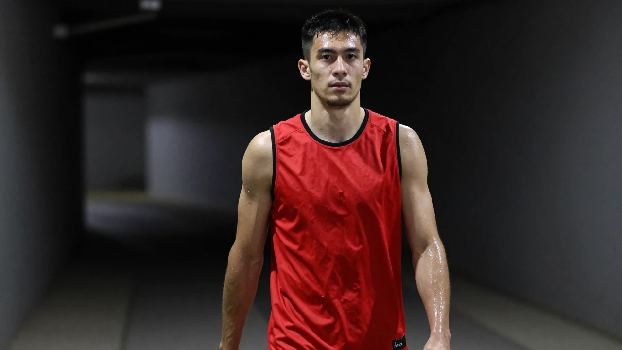 A 25-year-old athletic forward, muscular build, mid-20s, wearing a plain red sleeveless training top with black trim...
