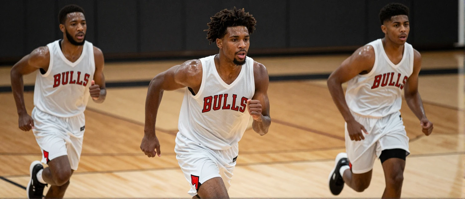 Caleb Wilson, Dailyn Swain, and Noa Essengue sprinting onto a polished hardwood court during a summer-league drill...