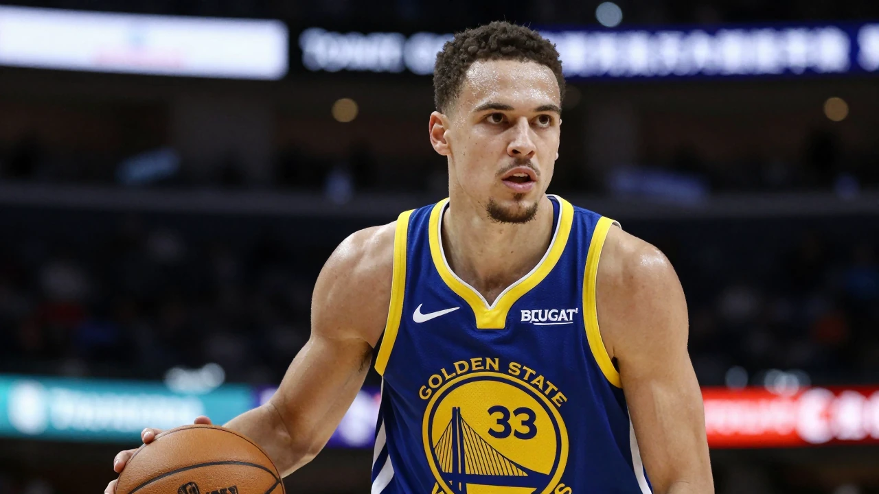 Mid-20s anonymous Warriors forward, muscular, waist-up, clutching a basketball, intense eyes focused forward, wearing...