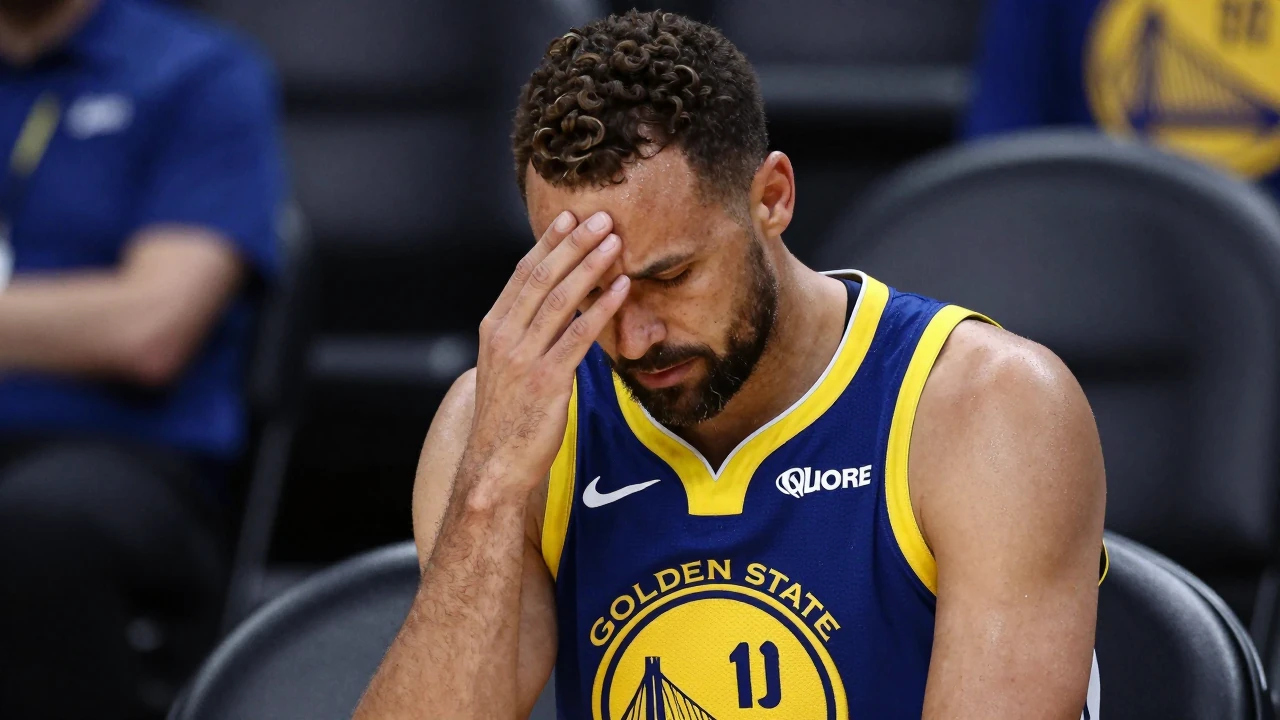 A frustrated, mid-30s Golden State Warriors coach, in a navy blue and yellow home kit with the Warriors' crest on the...