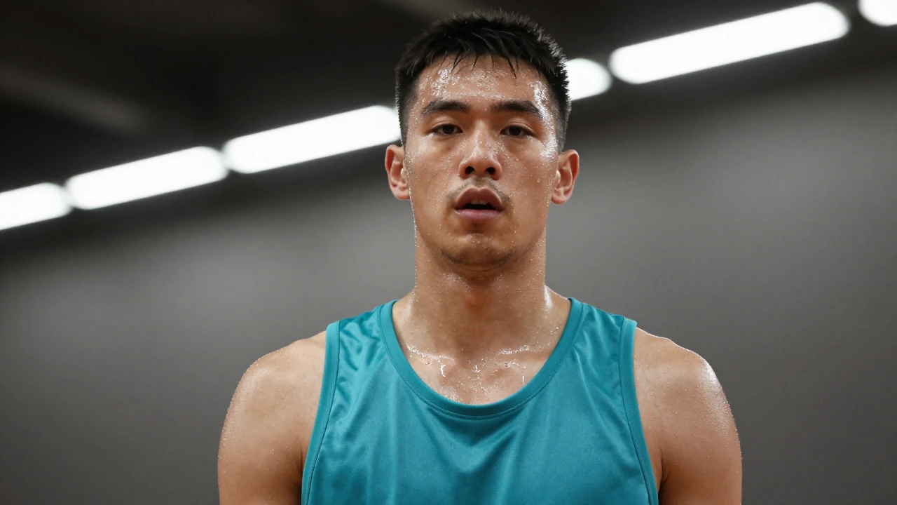 Mid-30s muscular forward, sweat-glazed skin, head-and-shoulders shot, eyes locked on the camera, mouth slightly open as...