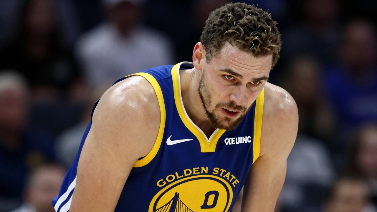 Mid-20s Warriors guard, athletic build, waist-up, wearing Golden State Warriors home jersey (royal blue with gold trim...