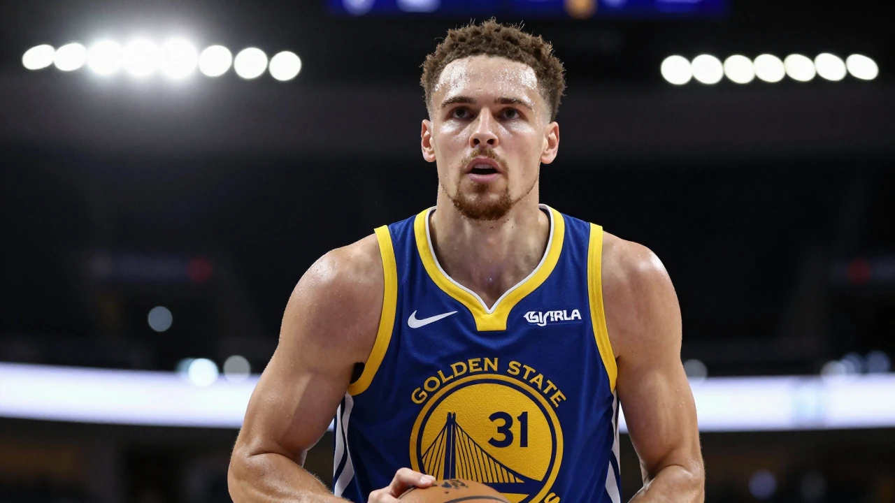 Mid-30s muscular Warriors forward, intense eyes, sweat-glazed forehead, wearing Golden State Warriors home jersey (royal...