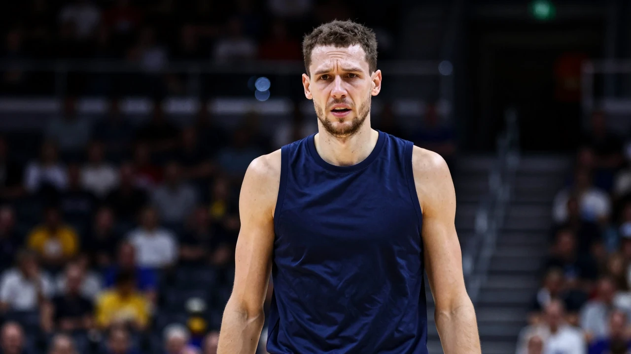 A medium shot of a rugged, 28-year-old, athletic Euroleague import, dressed in a navy blue, cotton, unmarked Warriors...
