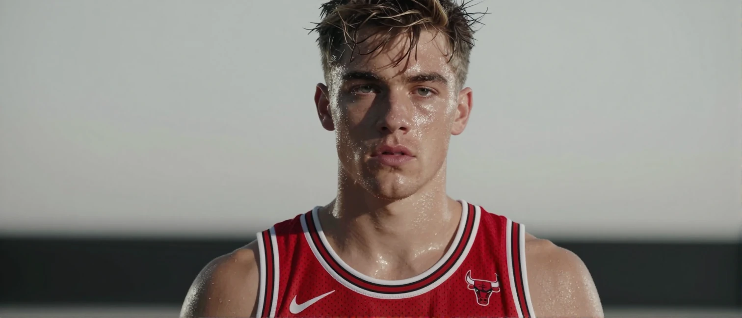 Matas Buzelis, 19, wearing Chicago Bulls home jersey (red with black trim, authentic Bulls crest on chest), intense gaze...