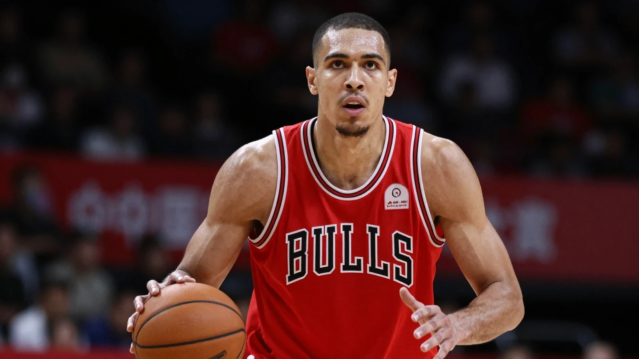 Mid-30s anonymous Bulls forward, muscular, intense eyes, sweat-glazed forehead, wearing a plain red sleeveless training...