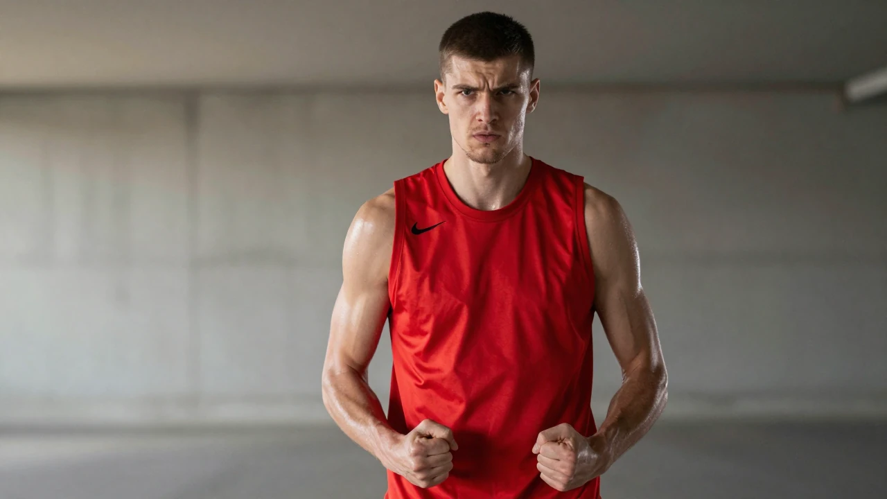 A focused, waist-up portrait of a tall, athletic 22-year-old forward in a plain Chicago Bulls training top - deep red...