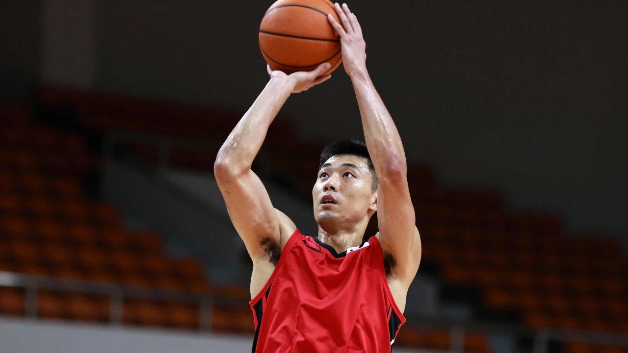 Mid-court, a 27-year-old anonymous guard in a plain red sleeveless training top with black trim, muscular build, intense...