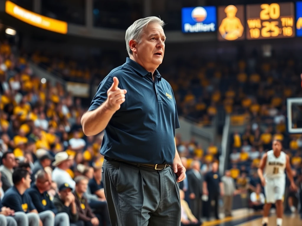 Frank Vogel, mid-50s, short gray hair, wearing a plain navy polo and dark gray slacks, standing on the sidelines of a...