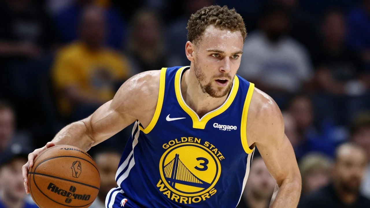 Mid-30s muscular Warriors guard, sweat-glazed forehead, intense eyes, clutching a basketball mid-dribble, wearing Golden...
