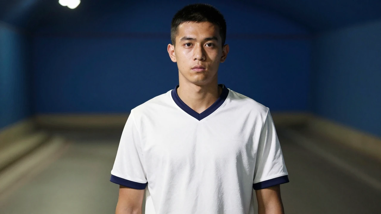 A 29-year-old, 6'5" athletic build, mid-30s facial features, forward in a plain white cotton jersey with a navy blue...