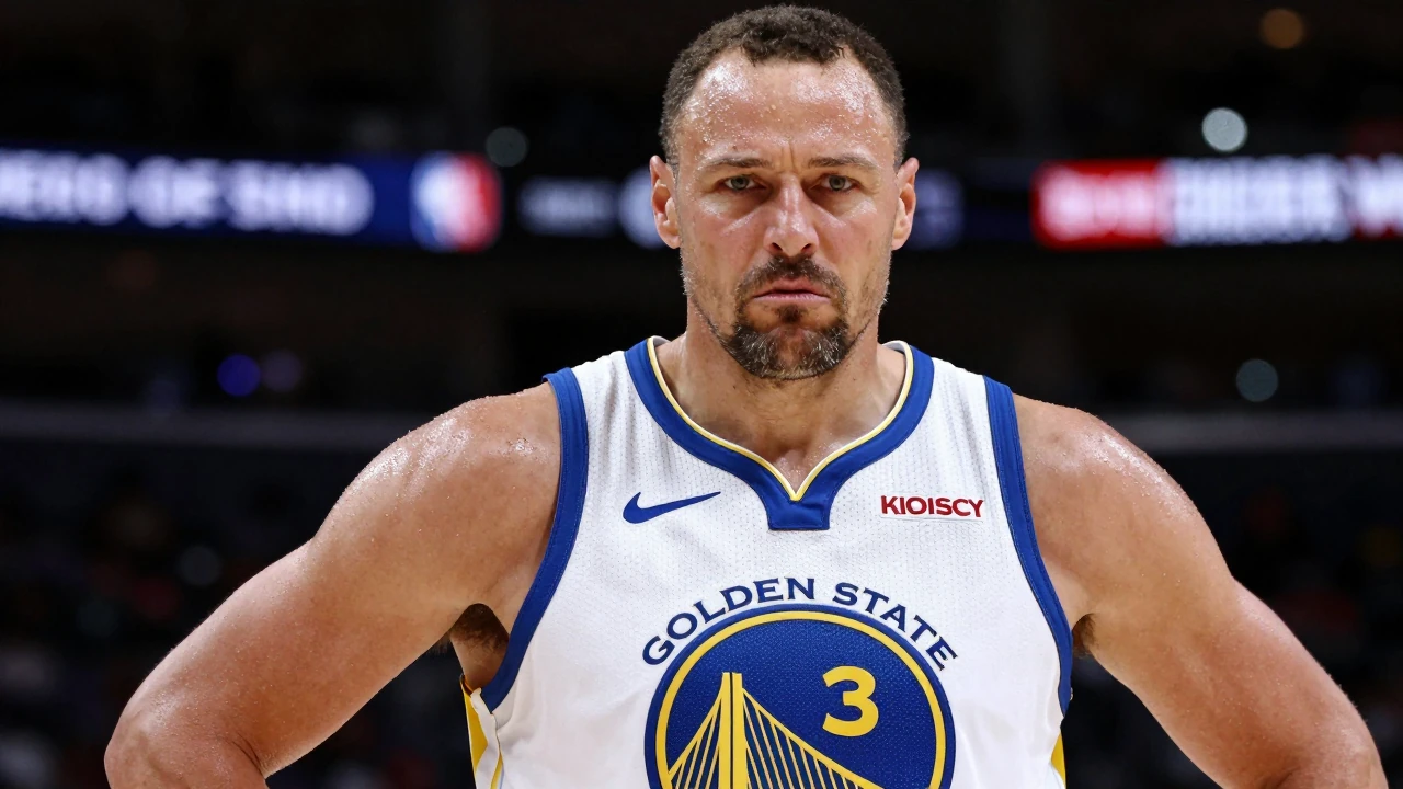 Middle-aged, broad-shouldered businessman in a Golden State Warriors home jersey, white with royal blue accents, crisp...