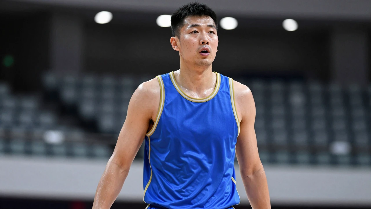 30-year-old guard, athletic build, mid-court, wearing a plain royal-blue sleeveless training top with gold trim, sweat...