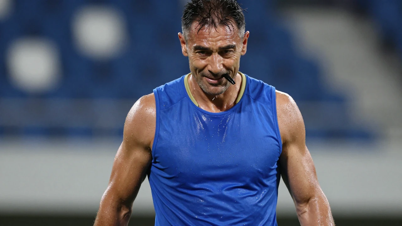 Middle-aged, muscular forward, mid-30s, wearing a plain royal-blue sleeveless training top with gold trim, sweat-damp...