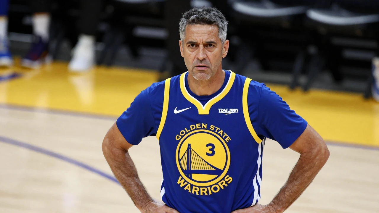 Middle-aged male coach, intense expression, short dark hair streaked with gray, wearing Golden State Warriors home jersey...