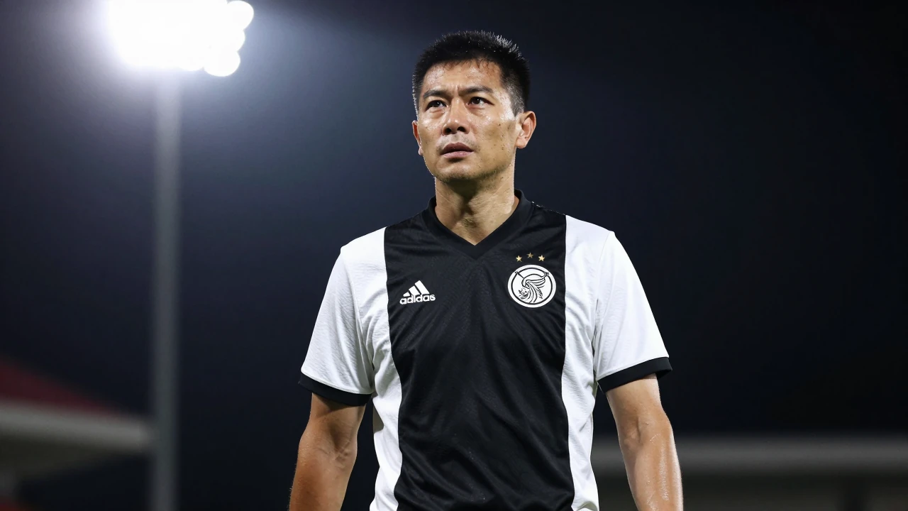 30-year-old coach, waist-up, in a clean white and black Ajax kit, intense expression