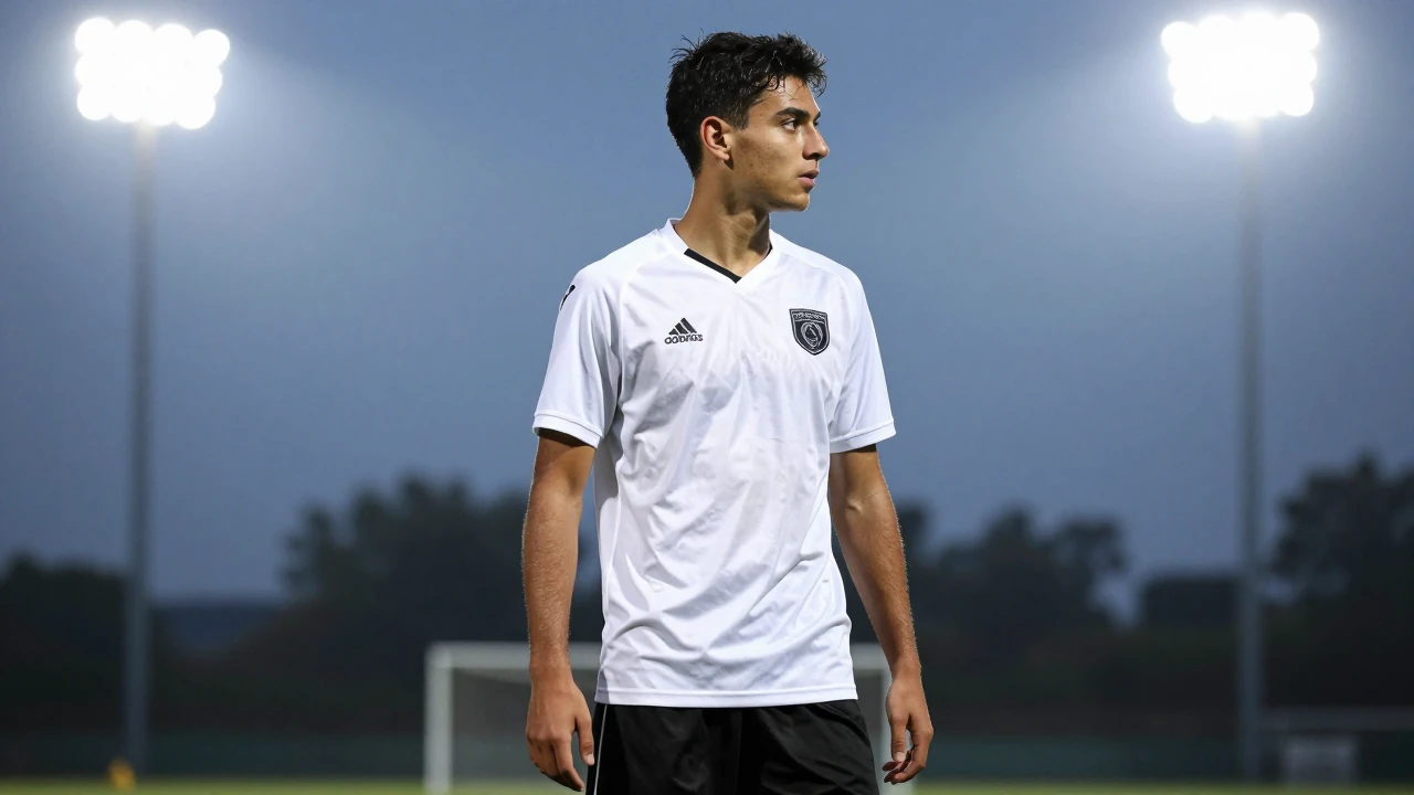 Young midfielder, Auxerre, in white jersey and black shorts, head turned slightly to the side, intense focus in his eyes