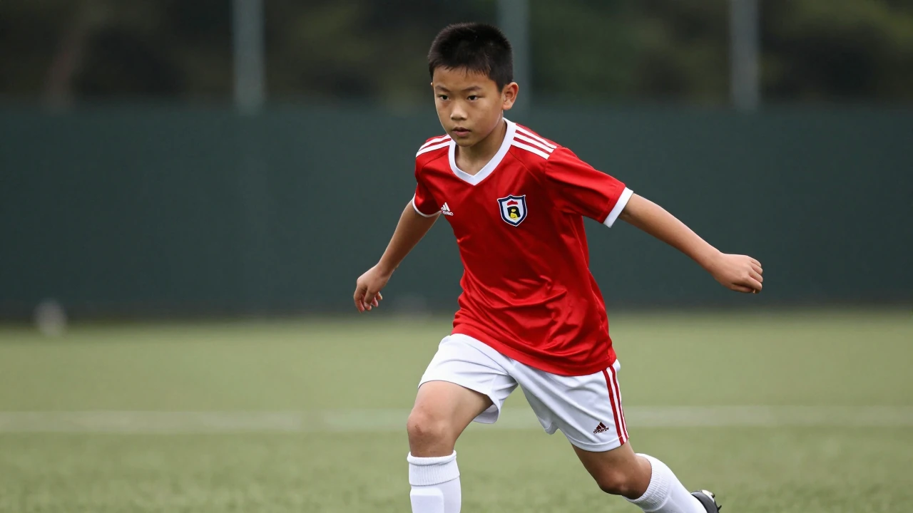11-year-old Sirius midfielder, lean and agile, in a bright red jersey with white shorts and socks, eyes intense and focused