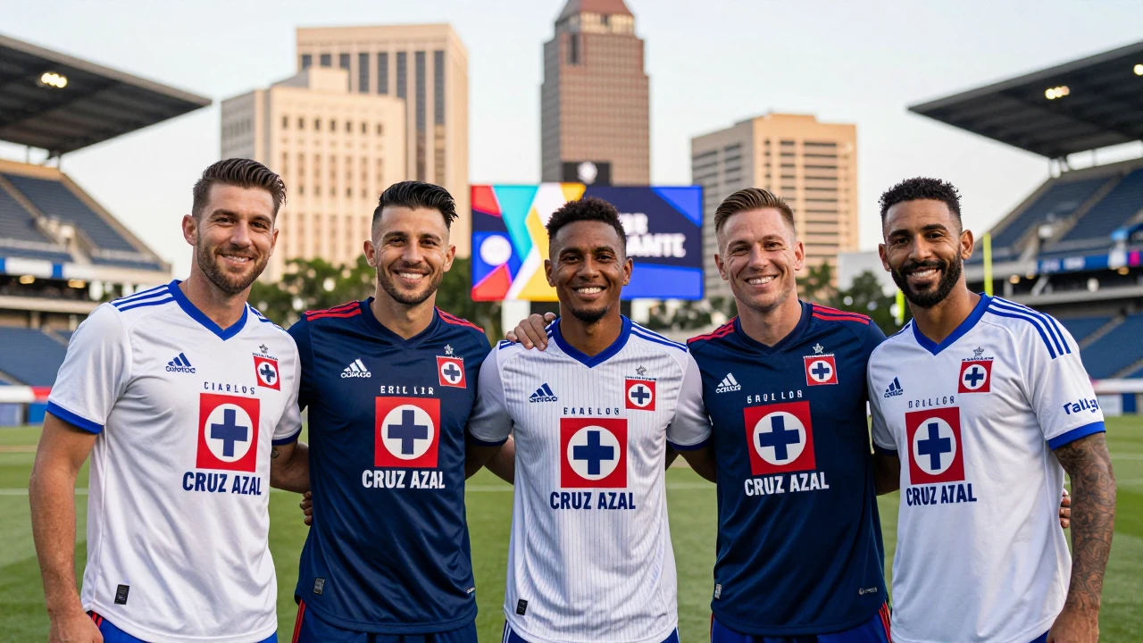 A photo of the five players from Cruz Azul (Carlos Rodríguez, Erik Lira, José Paradela, Omar Campos, and Willer Ditta)...