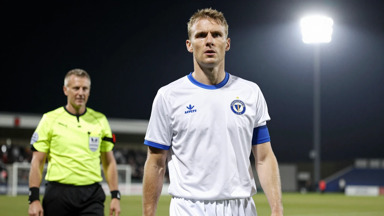 Floodlight rim light: A 28-year-old coach in a white and blue Vålerenga kit stands intense and focused, eyes locked on...