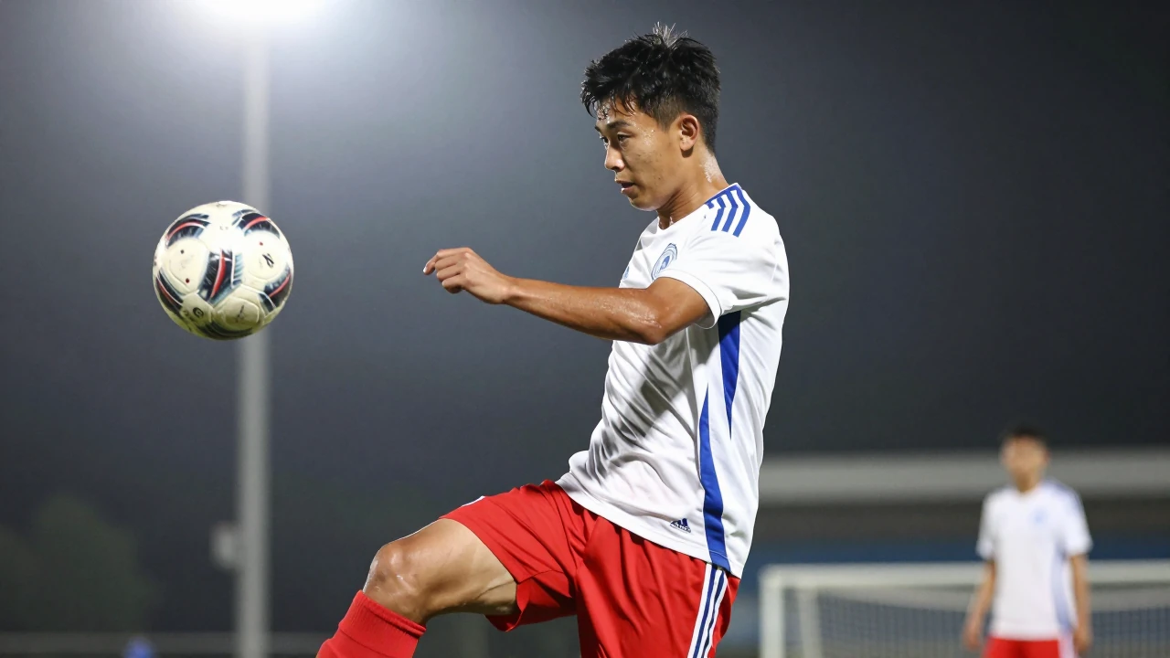 A young midfielder in vibrant red shorts and a white jersey with blue stripes, preparing to take a crisp shot on goal...