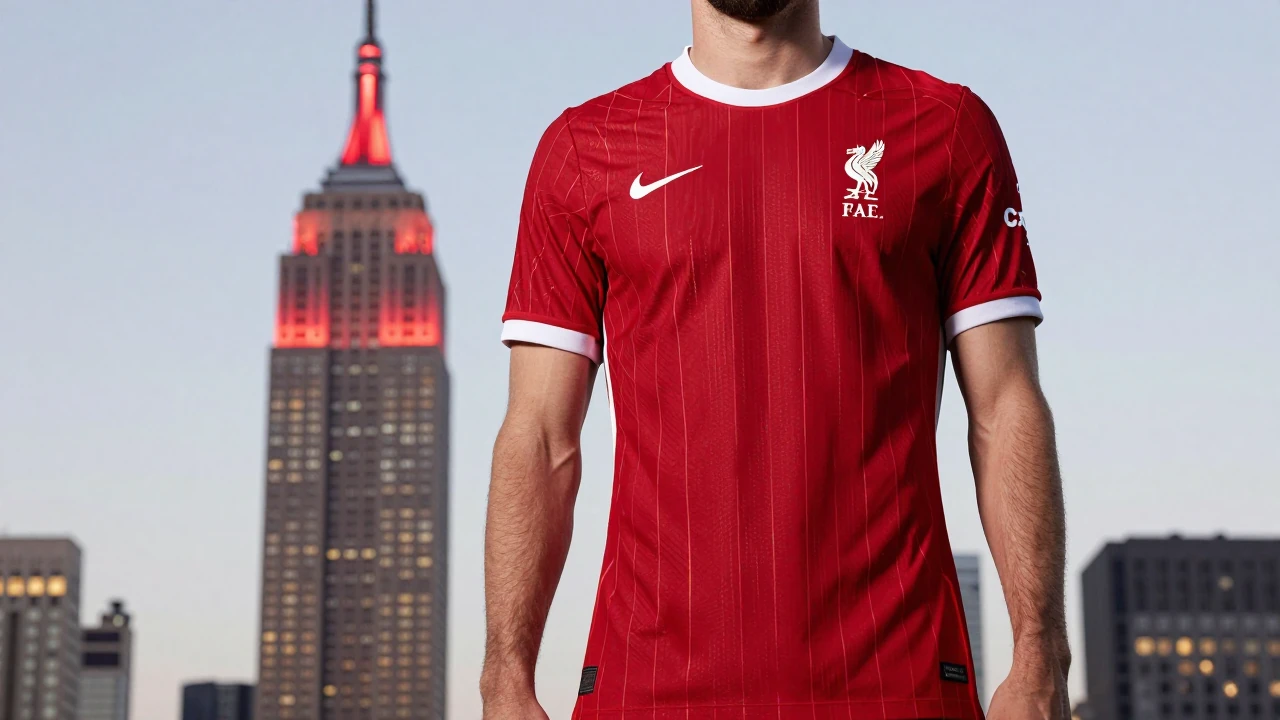 Liverpool F.C. reveals new kit, celebrated with Empire State Building lights in red, as the Reds gear up for the new season