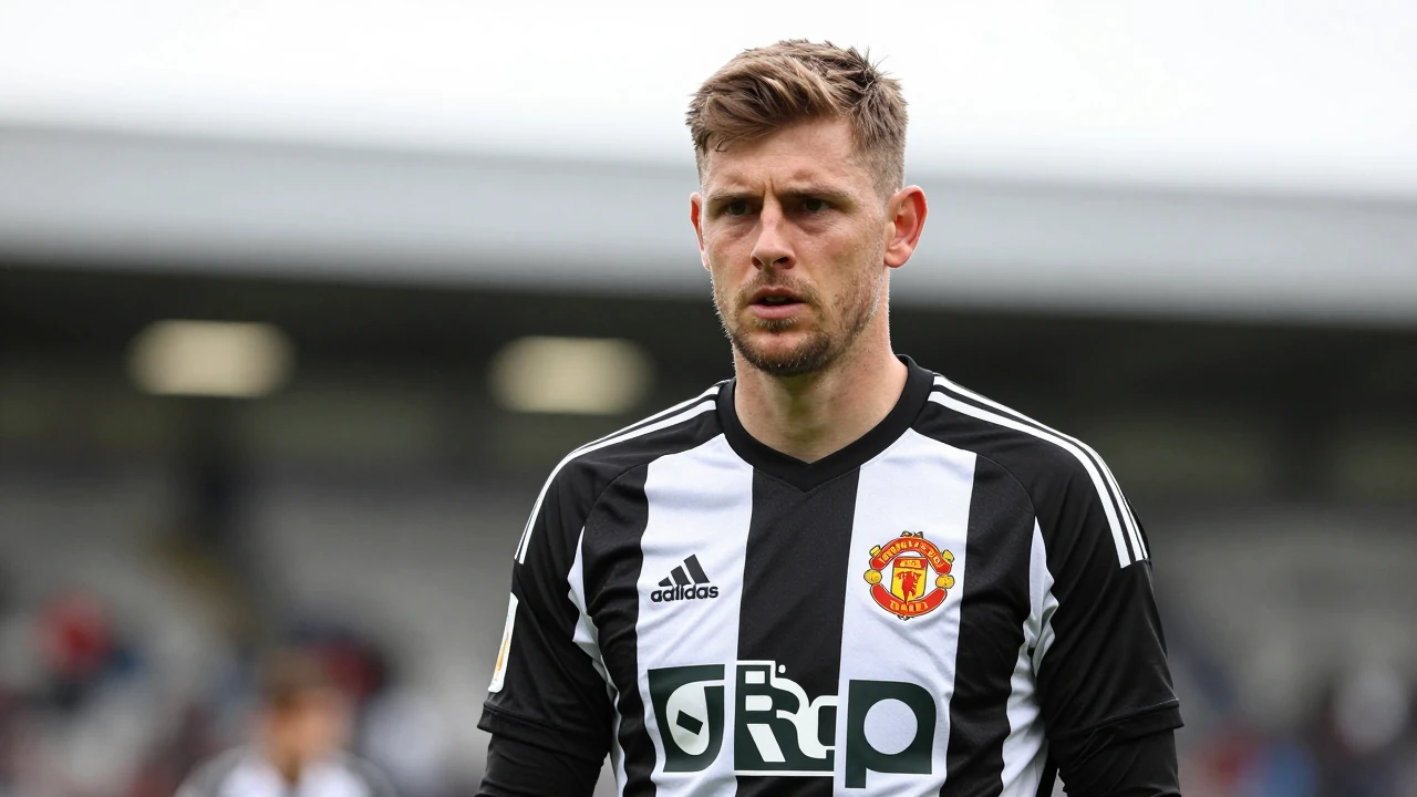 A 30-year-old Newcastle United goalkeeper, athletic build, waist-up, wearing the black and white home kit with the club...