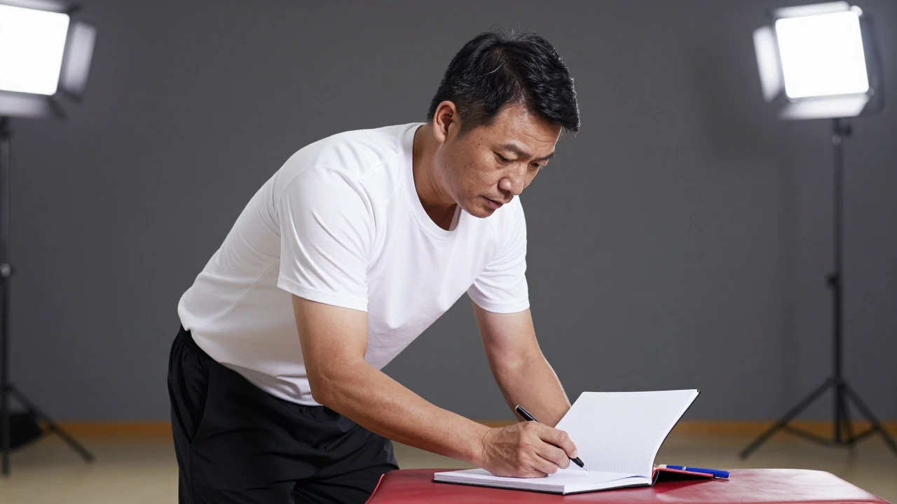 30-year-old coach, waist-up, wearing a white shirt and black shorts, intense focus on a notebook with pens nearby