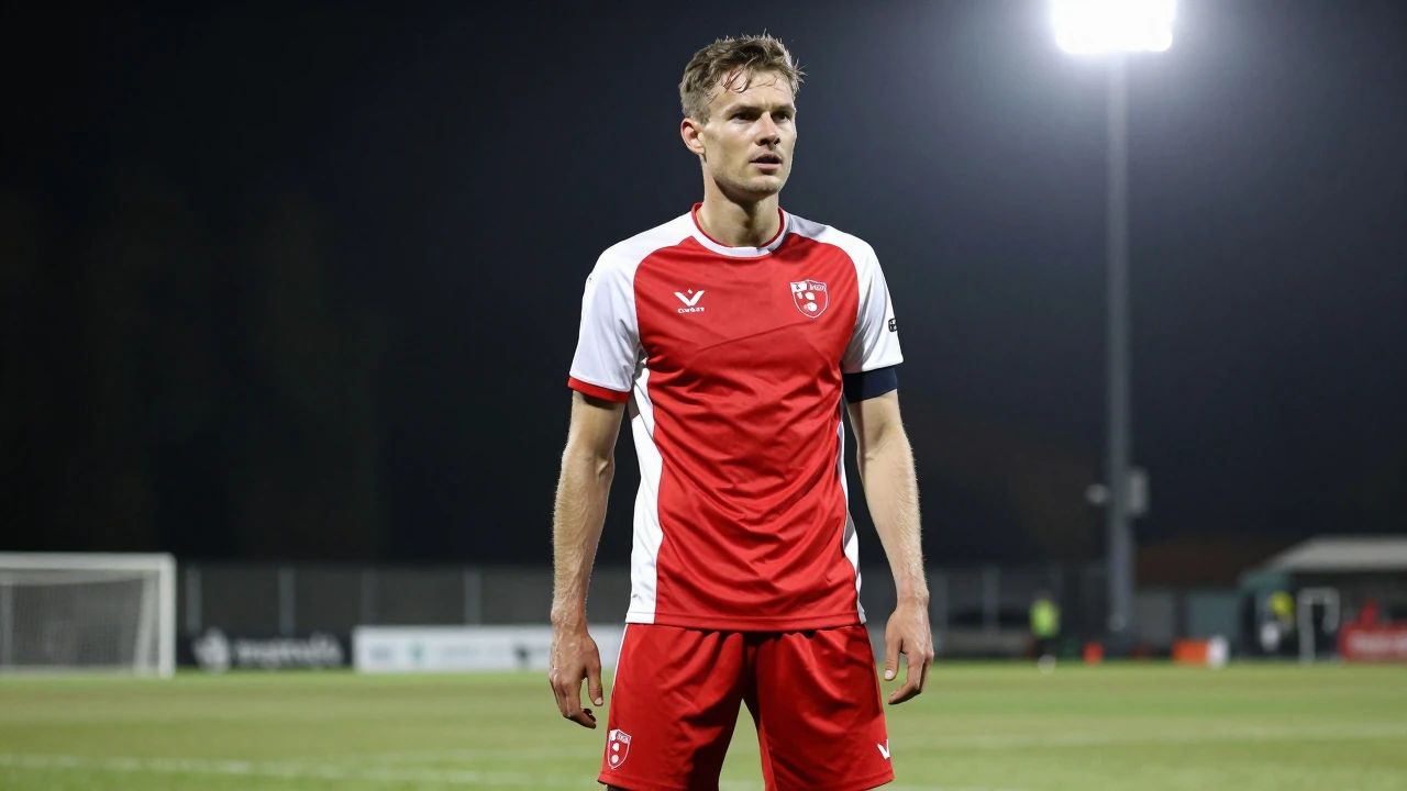 30-year-old Fredrikstad FK midfielder, lean build, in a red and white jersey, preparing for the match with focused...
