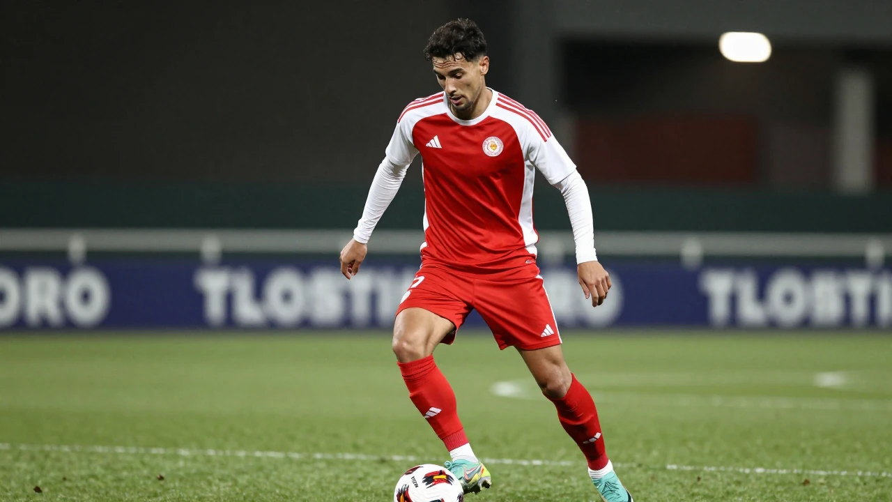 Godenzonen midfielder, 22, lean build, in red and white kit, intense focus on the ball during a training session