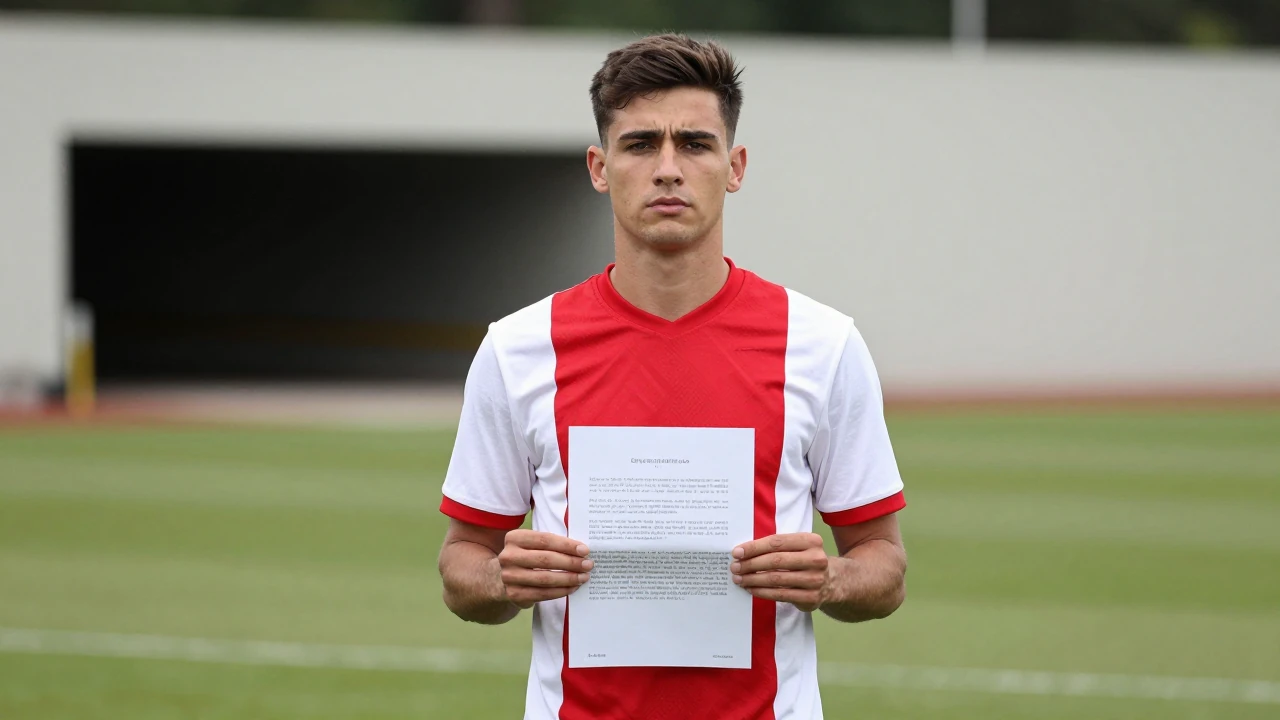 Mid-20s Ajax midfielder, athletic build, waist-up, dark red and white home shirt, plain cotton texture, face sharp and...