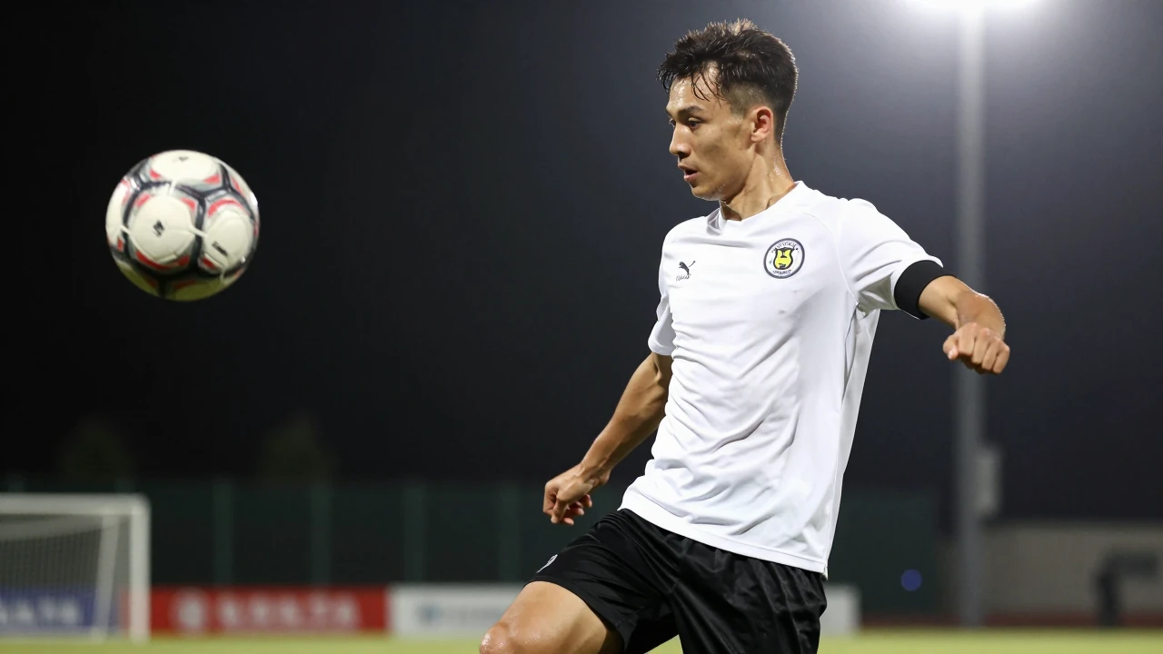 Björnarna midfielder, early 20s, wearing a clean white shirt and black shorts, intense focus on his determined face as he...