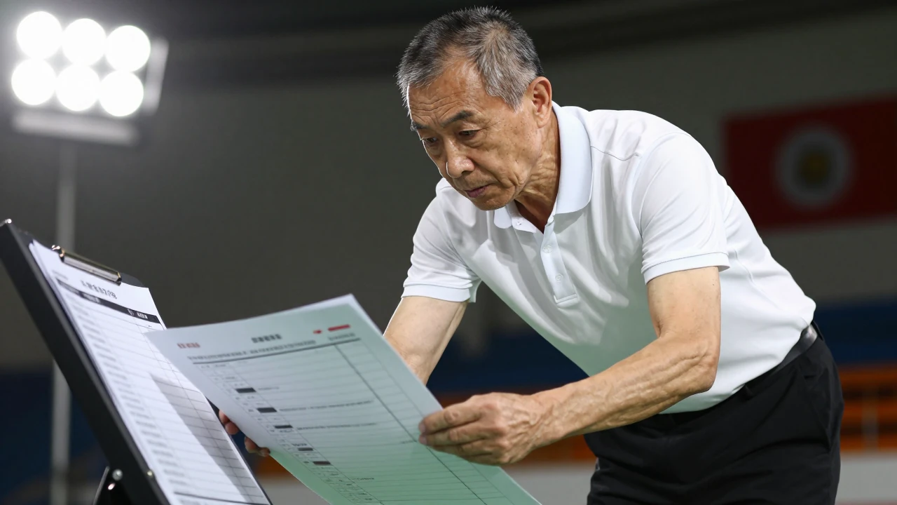 60-year-old coach, lean build, waist-up view adjusting tactics board with intense focus, clean white shirt and black...
