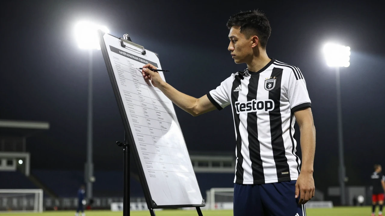 Waist-up shot of an anonymous 28-year-old Leyton Orient coach, wearing a black and white striped jersey and navy shorts...