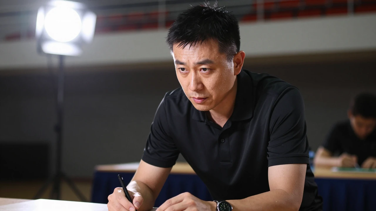 30-year-old coach, wearing all-black kit with smooth, unbroken fabric, intense expression as he studies game strategy on...